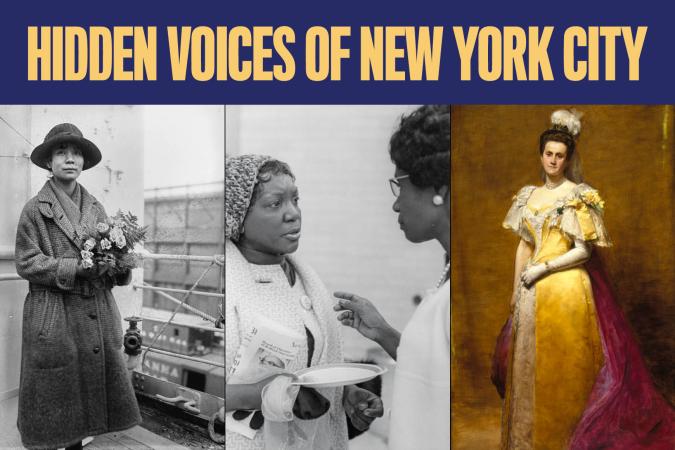 그래픽에는 여성 사진 세 장과 함께 '뉴욕시의 숨겨진 목소리'라고 적혀 있습니다.