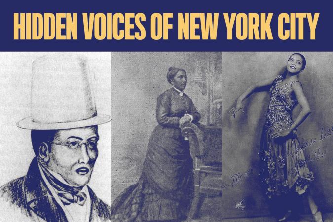「ニューヨーク市の隠された声」と書かれたテキストの下にある男性 3 人と女性 2 人の肖像画。