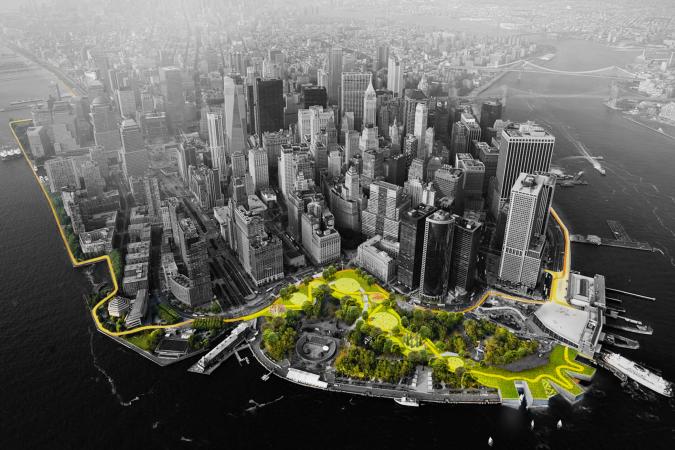Vista aérea da parte baixa de Manhattan. Os espaços verdes são coloridos em verde e amarelo, enquanto o restante da imagem é preto e branco