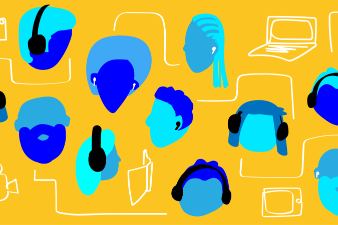 Graphic showing many heads, some with headphones, and various devices such as laptops, phones, and tablets