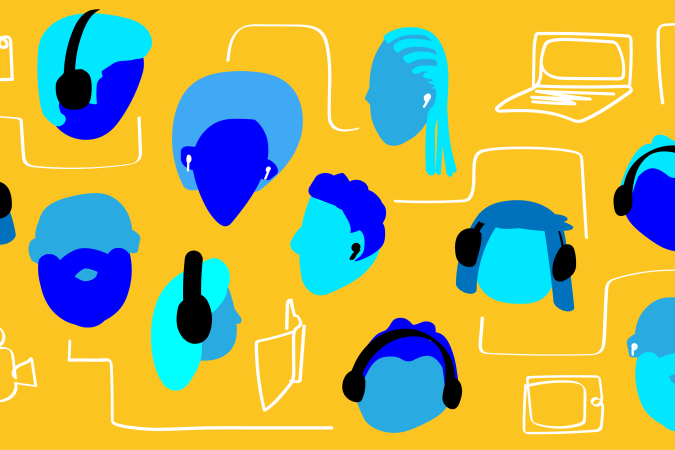 Gráfico de cabezas azules ilustradas con auriculares sobre un fondo amarillo.