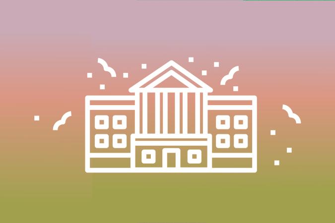 Graphic featuring outline drawing of the Museum in white against a gradient background in green, peach, and light purple.