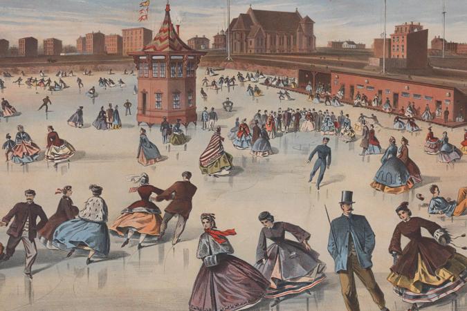 1800年代中頃の大きなスケートリンクでのアイススケートのプリント。 背景には都市の建物が見えます。