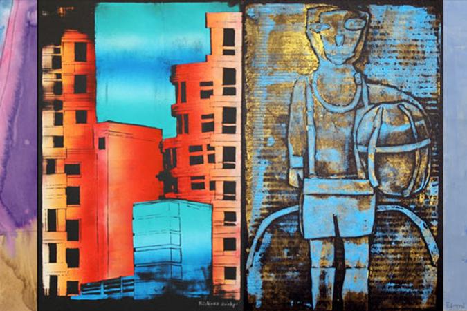 Cuatro pinturas hechas por estudiantes en Nueva York. Las pinturas son de hitos, edificios y vida cotidiana en la ciudad.