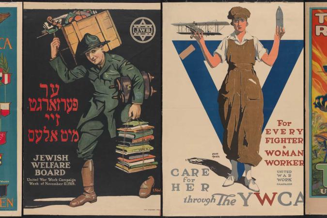 Cuatro carteles de la Primera Guerra Mundial que alientan a diferentes grupos a participar en el esfuerzo de guerra a través del trabajo, el alistamiento y más