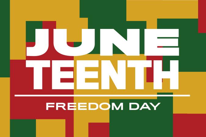 A banner image with the headline titles Juneteenth and Freedom Day over a background of abstract shapes in the colors red, green, and yellow. 