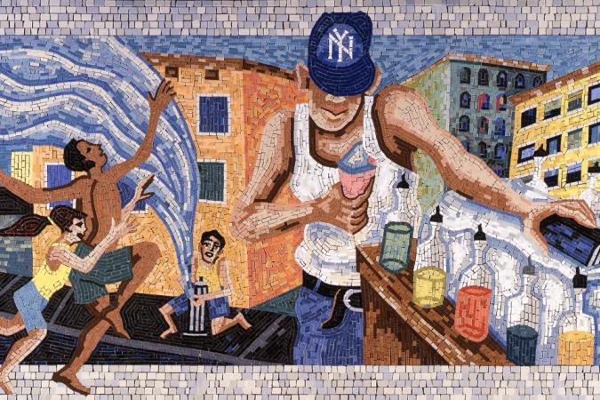 Mosaico de um homem e duas crianças.