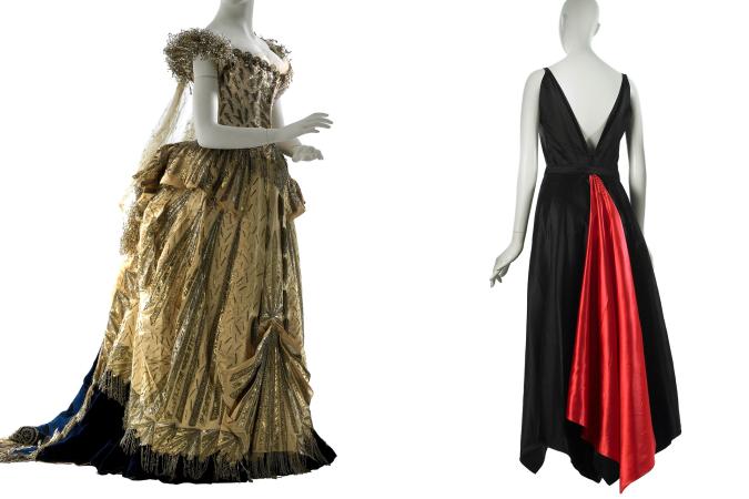 Image of two evening dresses, left gold and made by Maison worth, right black and red and made by Mainbocher. 