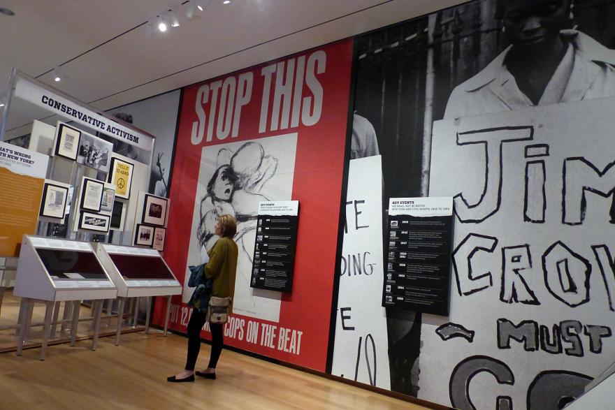 Photograph is from the Activist New York exhibition. Sections depicted in the photograph are from the gallery, under Civil Rights and Conservative Activism in New York City sections. 