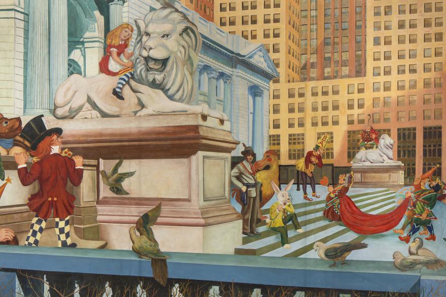 A painting depicting characters from Alice in Wonderland exploring the exterior of the New York Public Library