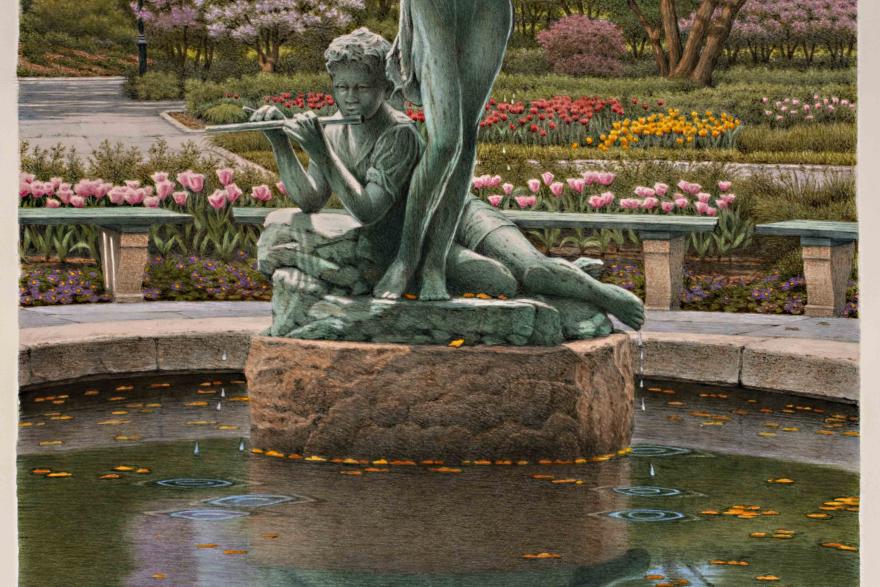 A painting of two child figure statues in a fountain with flowers and trees in the background.
