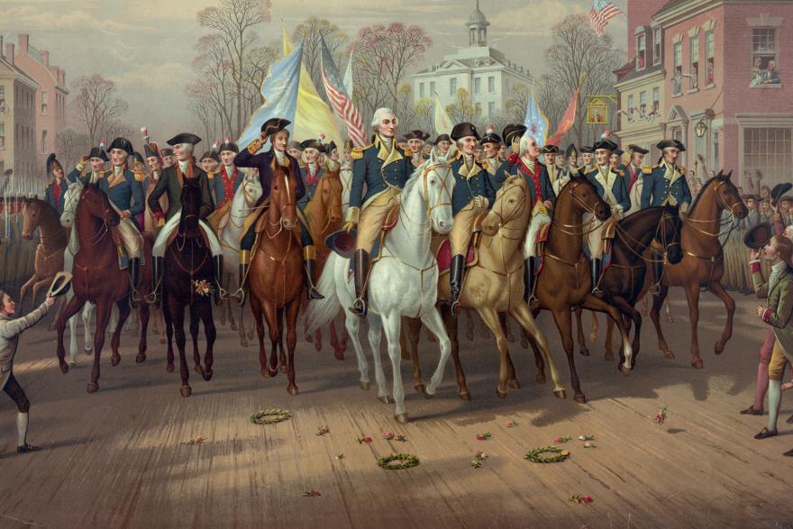George Washington and other officers riding on horseback down a city street, with a crowd watching
