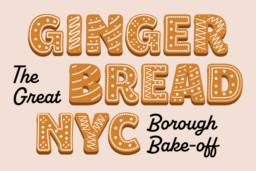 Gráfico con el texto "Gingerbread NYC" en forma de galletas heladas y "The Great Borough Bake-off: en letra negra.