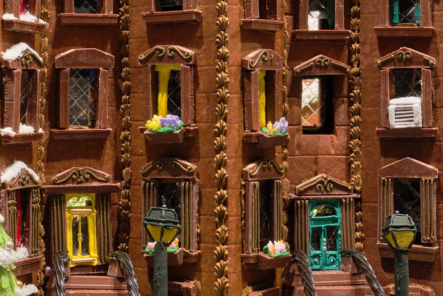 Brooklyn brownstones recreated out of gingerbread, frosting, and candy