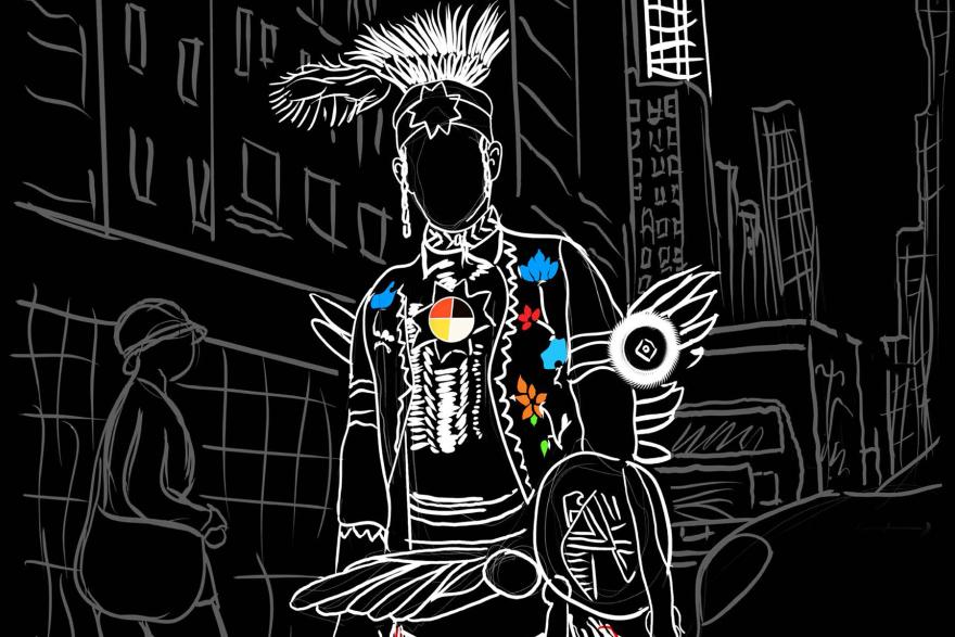 A white line drawing against a black background by artist June Lee Van Dunk