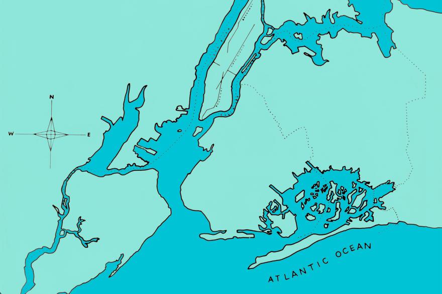 A blue map of the five boroughs