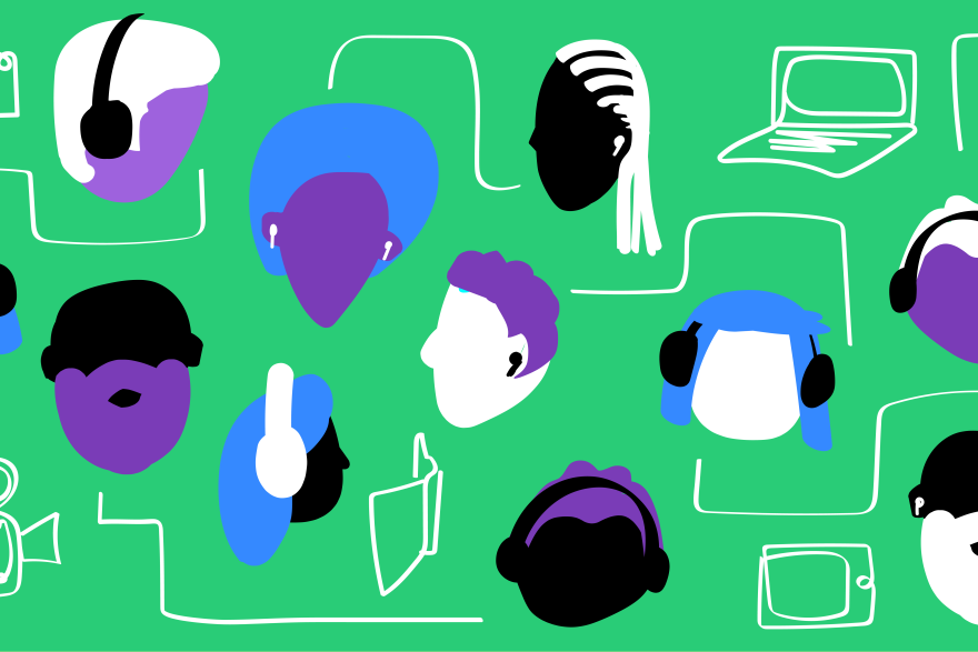 Graphic with heads wearing headphones.