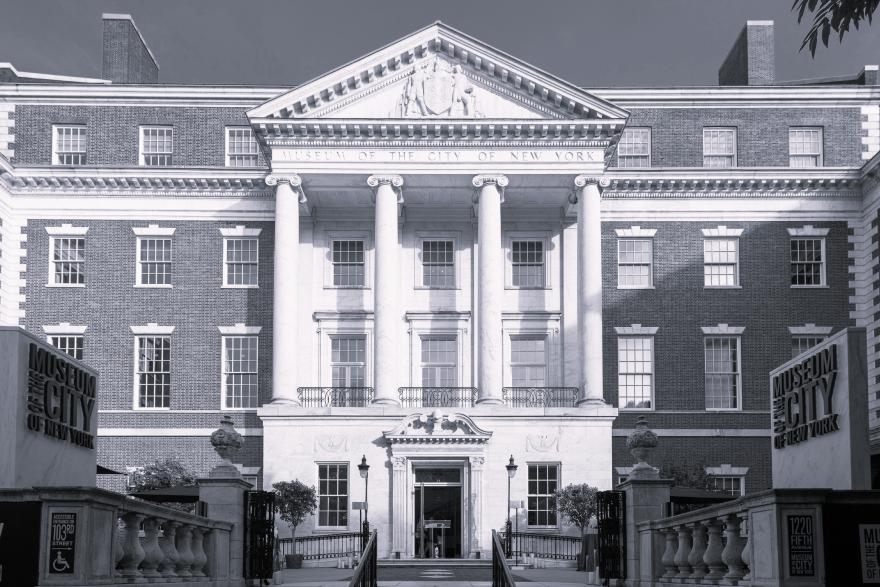 A black and white photo of the Museum's facade