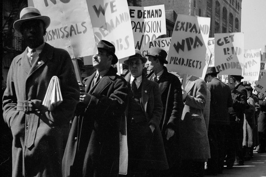 Men protesting in a photograph from 1940