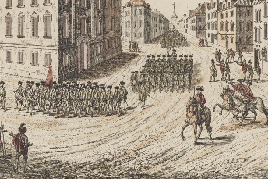 A print by Franz Xaver Habermann showing the entry of Royal Troops into New York