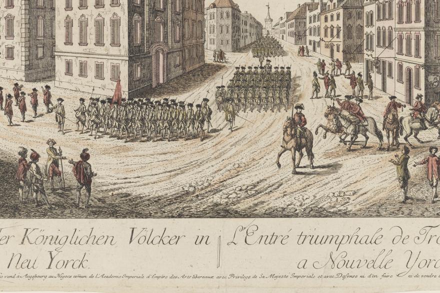 A print by Franz Xaver Habermann showing the entry of Royal Troops into New York