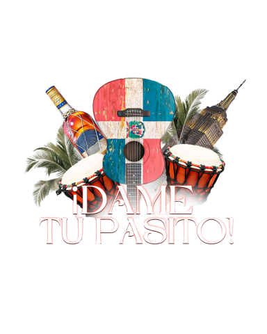Image of a guitar, drums, and empire state building with the words Dame Tu Pasito!