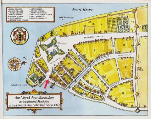 Colorful map of New Amsterdam in 1660, with a red arrow pointing to the plot of land where Sara Kierstede lived at the corner of what is now Pearl St and Whitehall St.
