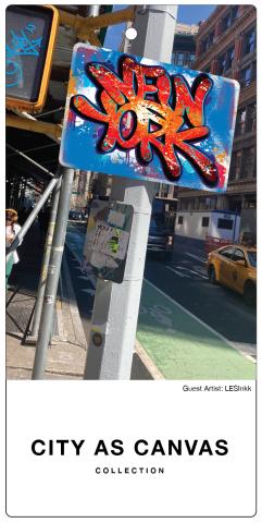 A photo of graffiti on a lamp post with text that reads "City As Canvas: Collection."