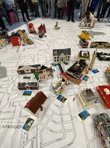 Image of buildings built from LEGO blocks on a map