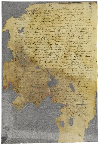 Tattered document written in Dutch that awards Sara a land grant in recognition of her services as a translator in meetings with the Lenape dated October 14, 1673.