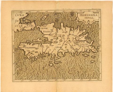 Black and white illustrated map of Hispaniola - the island now comprised of the Dominican Republic and Haiti- from 1597.