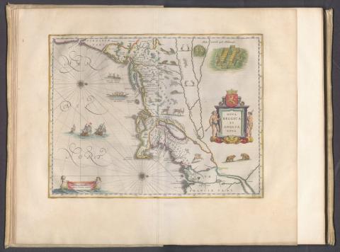 llustrated map of New Netherland from 1662, oriented with south at the top.
