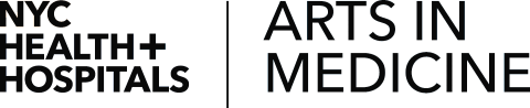 Black and white logo that reads "NYC Health + Hospitals Arts in Medicine"