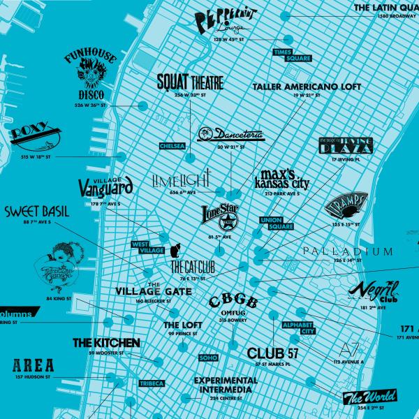 80년대 댄스 클럽이 있는 맨해튼 지도.