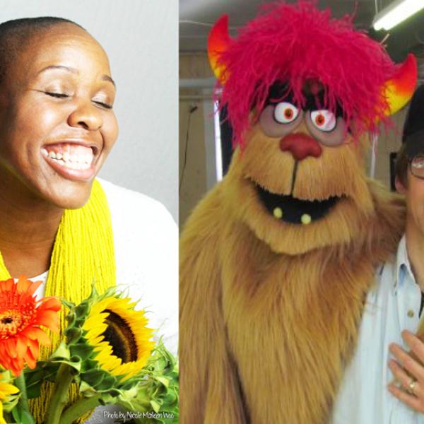 A headshot of Nehprii Amenii smiling with her eyes closed. She is wearing a white long-sleeved shirt and a yellow scarf. She is holding a bouquet of yellow and orange flowers. To her right is a headshot of Rick Lyon. He is wearing a light blue button-down and a blue Yankees baseball cap. He is holding a large puppet that has light brown fur and red hair. 