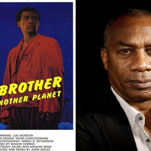 从左至右：《来自异星球的兄弟》电影海报。 一名身穿红色长袖衬衫的男子正在向右看。 他身后是自由女神像。 电影海报右侧是乔·莫顿的头像。