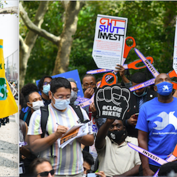 Left image: Two children standing side by side with their backs turned to the camera. Child on the left wearing a green cape with star and the letter “A” stitched on. Child on the right wearing a yellow cape with a design stitched on to it. Right image: The Katal Center protesting their “Cut, Shut, Invest” campaign by holding cardboard scissors. 