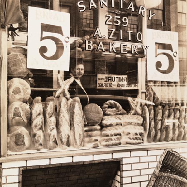 A museum photo by Berenice Abbott of "Bread Store" taken in 1937.