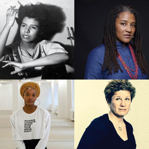 Clockwise from top left: Headshots of Lorraine Hansberry, Lynn Nottage, Lisa Kron, Erika Dickerson-Despenza