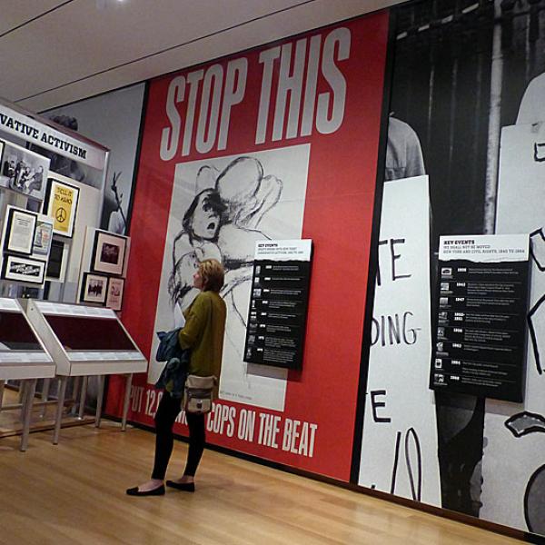 Photograph is from the Activist New York exhibition. Sections depicted in the photograph are from the gallery, under Civil Rights and Conservative Activism in New York City sections. 