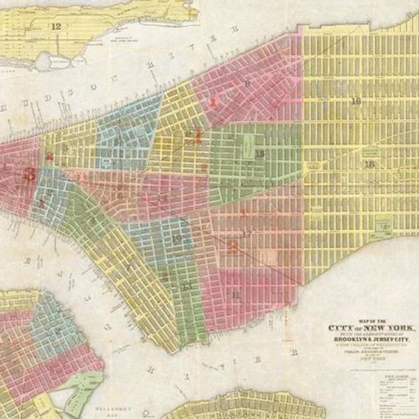 Digital photograph is a copy of a fold out map of Lower Manhattan, Brooklyn, the Village of Williamsburg, and Jersey City. Each distinct neighborhood is highlighted in red, blue, yellow, orange, or green.  