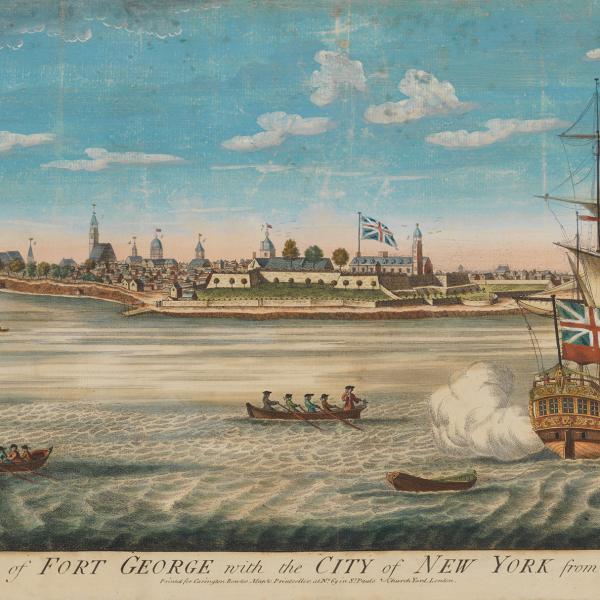An engraving showing a ship sailing near Fort George