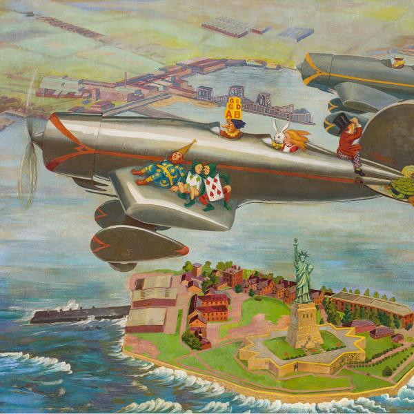 Characters from Lewis Carroll’s Alice in Wonderland flying in an airplane above the Statue of Liberty