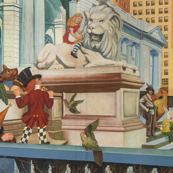 A painting depicting characters from Alice in Wonderland exploring the exterior of the New York Public Library