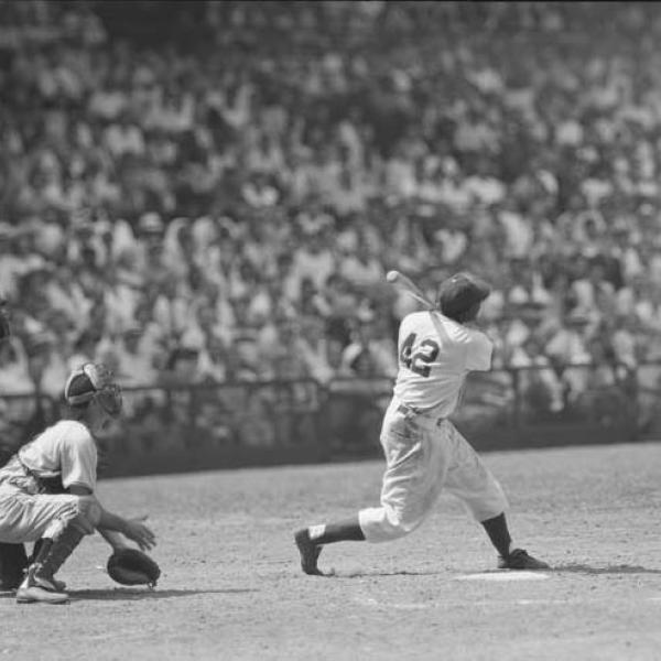 Jackie Robinson up at bat. Photograph by Frank Bauman for Look magazine, 1949.