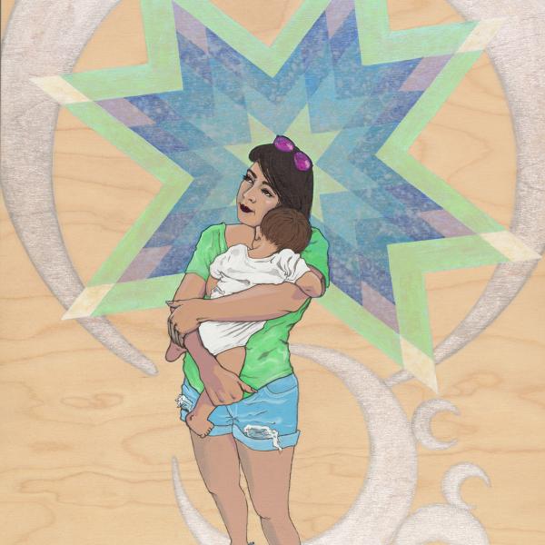 A painting on a wooden panel of a woman holding a child.