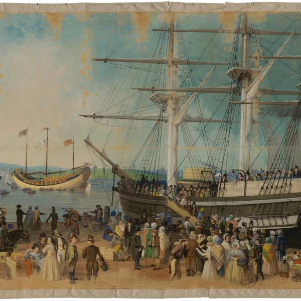 A 19th century painting on a harbor with many people on the street next to a large ship. 