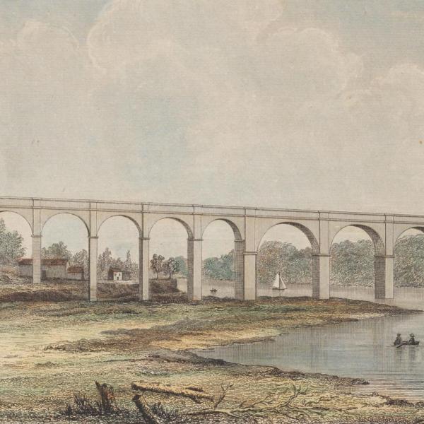 Landscape of a river and surrounding banks. Two figures stand on the closest bank, and a tall aqueduct is visible behind them