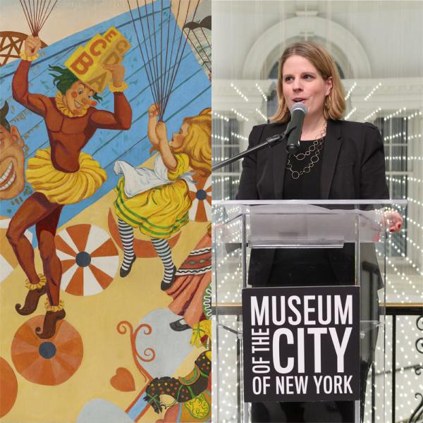 A painting of characters from Alice in Wonderland exploring Coney Island next to a portrait of Lilly Tuttle