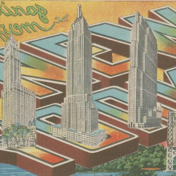 Um cartão postal vintage que diz 'Saudações de Nova York' com arranha-céus em destaque da cidade de Nova York.